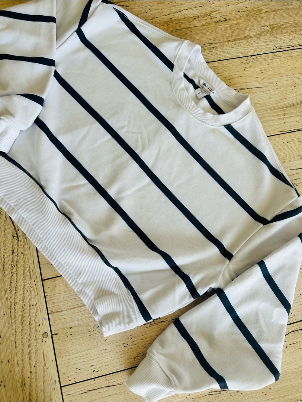 Athleta White and Navy Striped Crew Sweatshirt